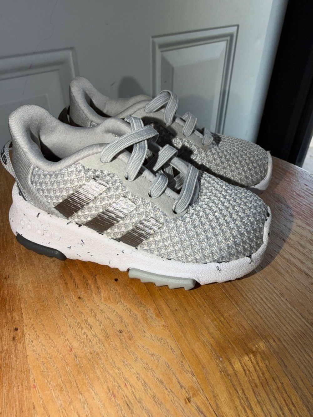adidas Kids Grey Knit Sneakers with Metallic Stripes
